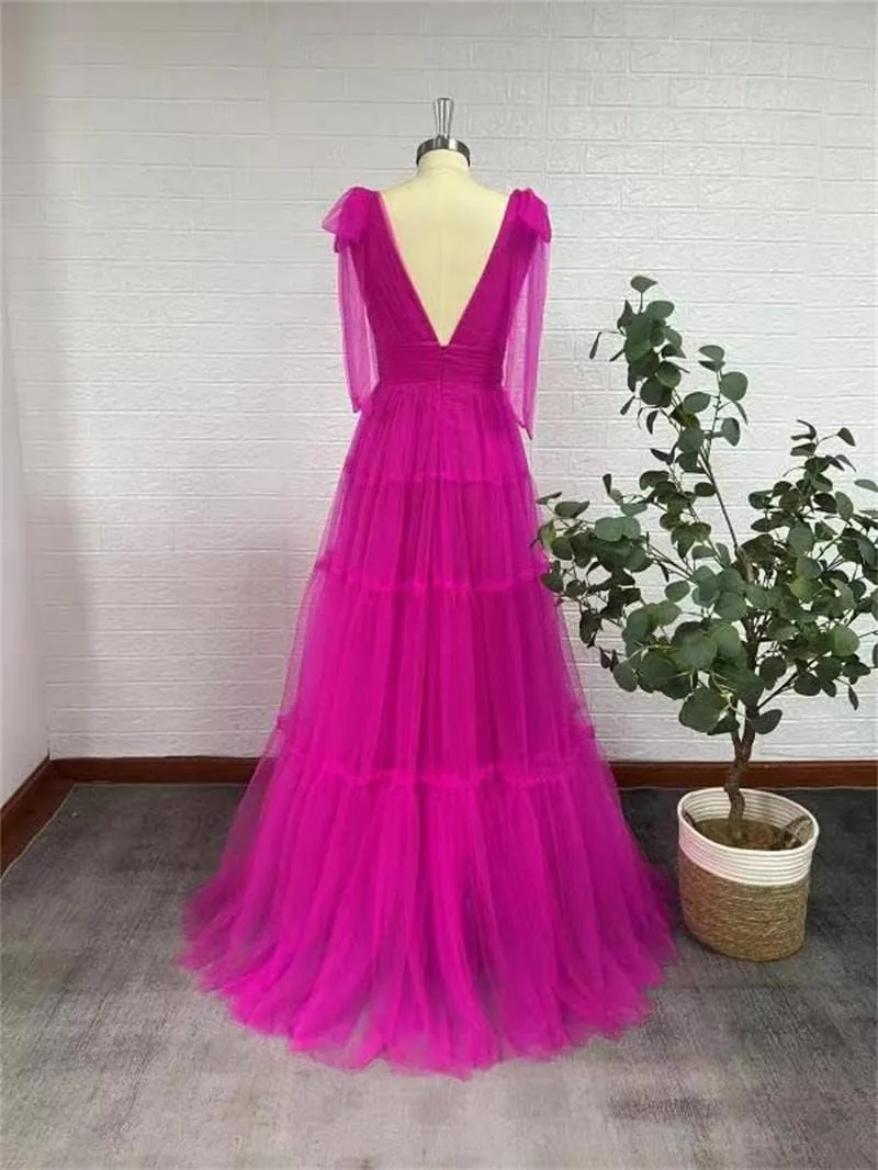 Double V-Neck Tulle Prom Dress for Women Long Spaghetti Straps Backless Formal Evening Party Gowns
