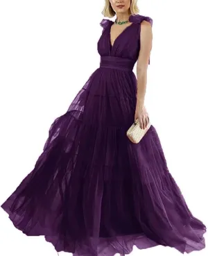 Double V-Neck Tulle Prom Dress for Women Long Spaghetti Straps Backless Formal Evening Party Gowns