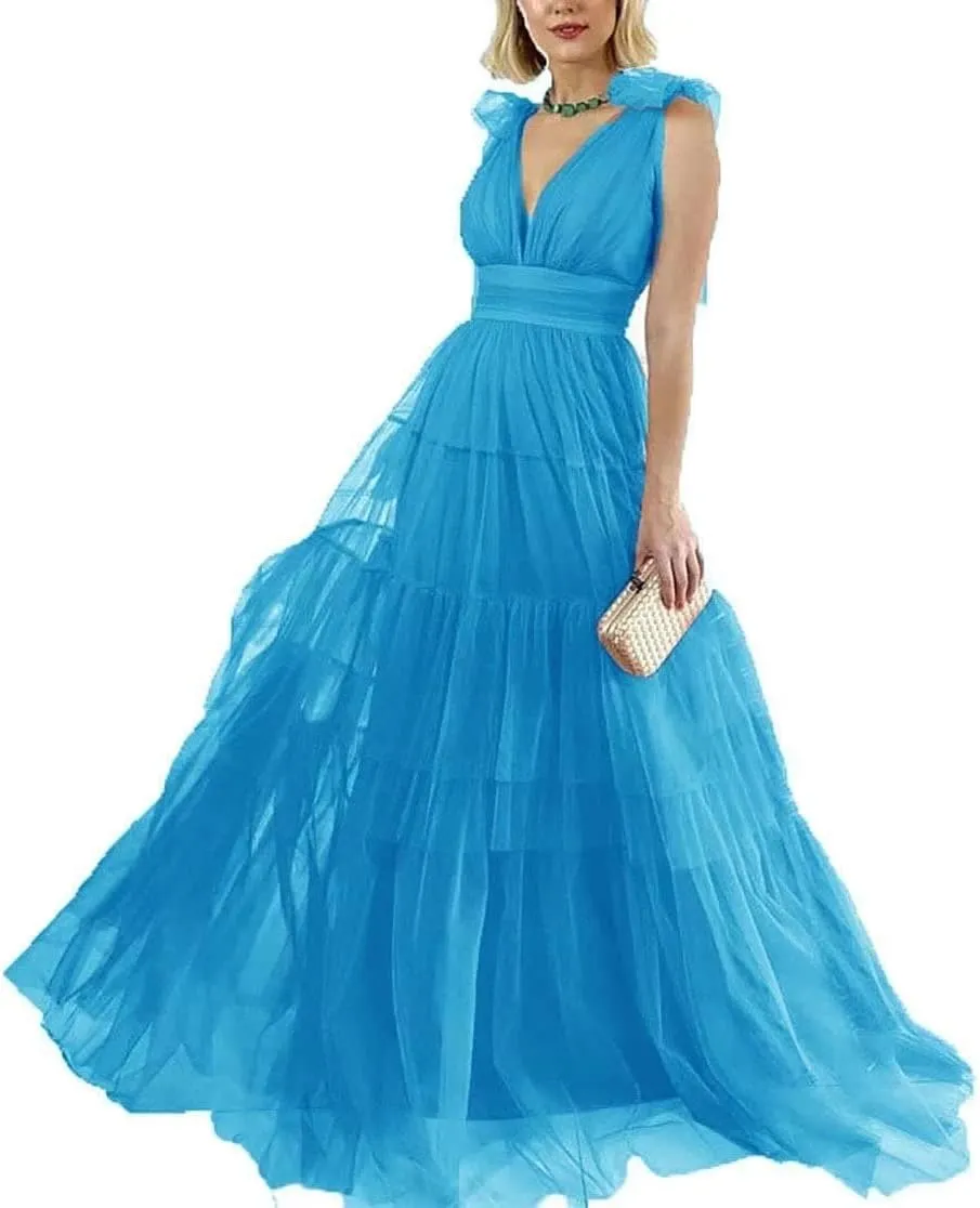Double V-Neck Tulle Prom Dress for Women Long Spaghetti Straps Backless Formal Evening Party Gowns
