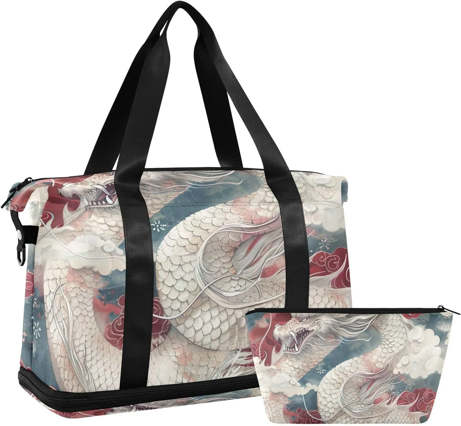 Dragon with Red Versatile Sports Travel Bag - Lasting Twill Tote, Removable Wheel & Rod Bagging, Multi-pocket Design, Complimentary Makeup Bag