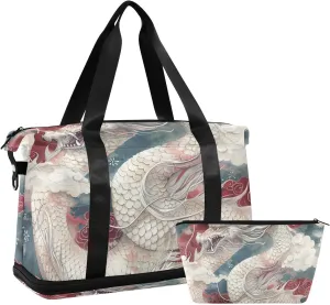 Dragon with Red Versatile Sports Travel Bag - Lasting Twill Tote, Removable Wheel & Rod Bagging, Multi-pocket Design, Complimentary Makeup Bag