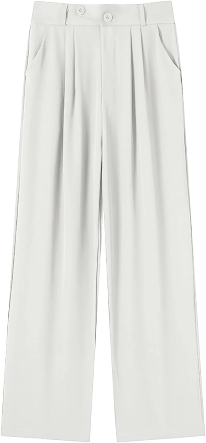 Dress Pants Women Wide Leg High Waisted Button Pleated Business Pants Casual Loose Slacks Trousers with Pockets