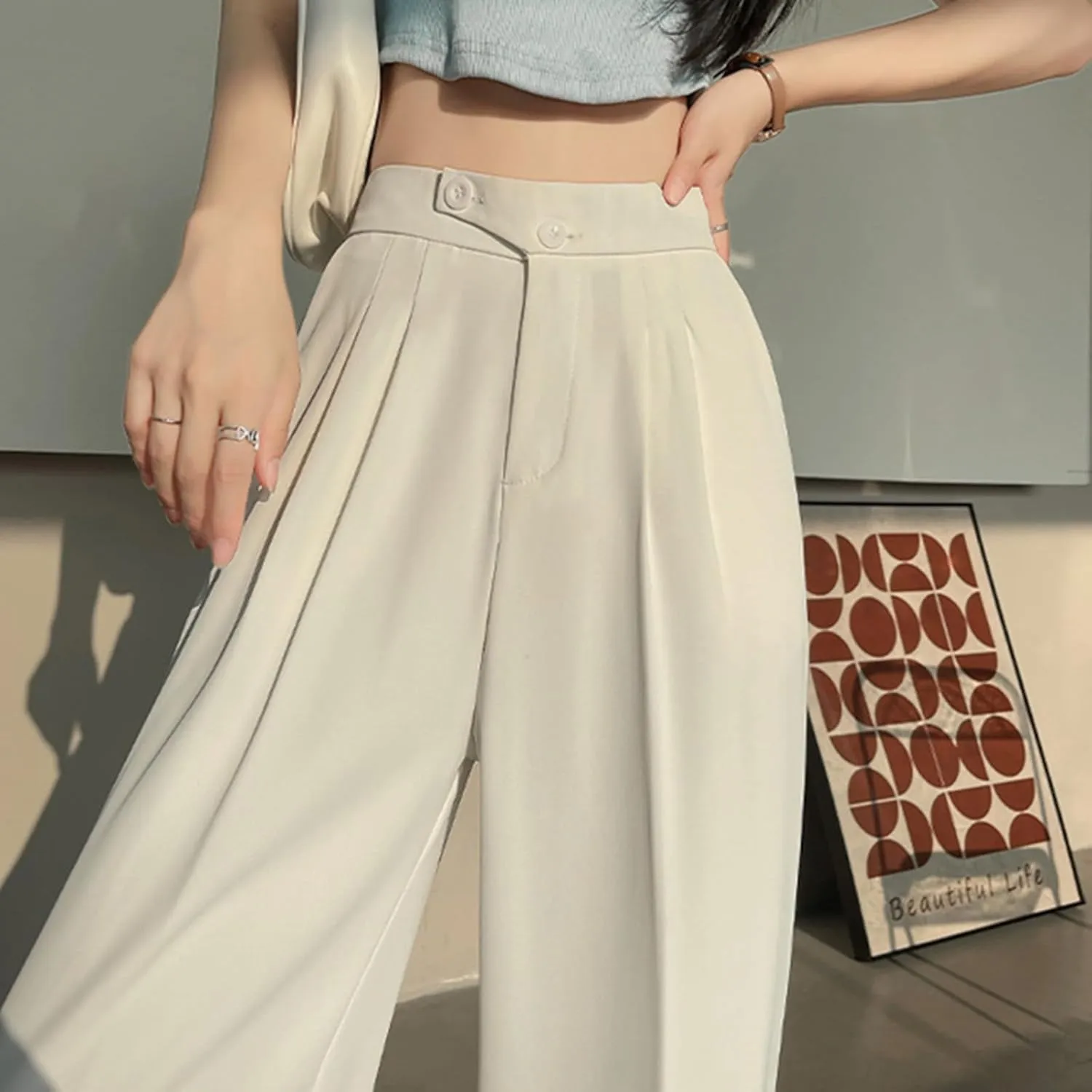 Dress Pants Women Wide Leg High Waisted Button Pleated Business Pants Casual Loose Slacks Trousers with Pockets