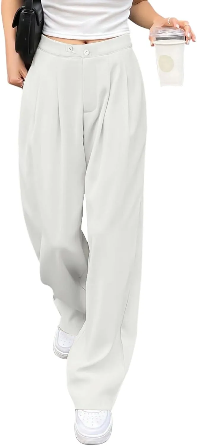 Dress Pants Women Wide Leg High Waisted Button Pleated Business Pants Casual Loose Slacks Trousers with Pockets