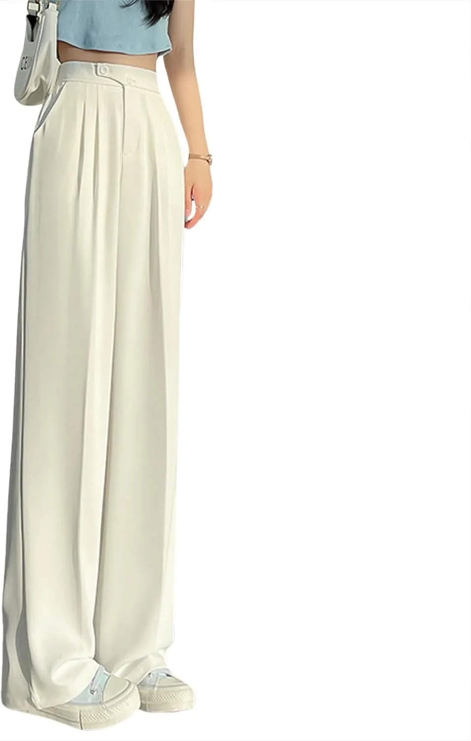 Dress Pants Women Wide Leg High Waisted Button Pleated Business Pants Casual Loose Slacks Trousers with Pockets