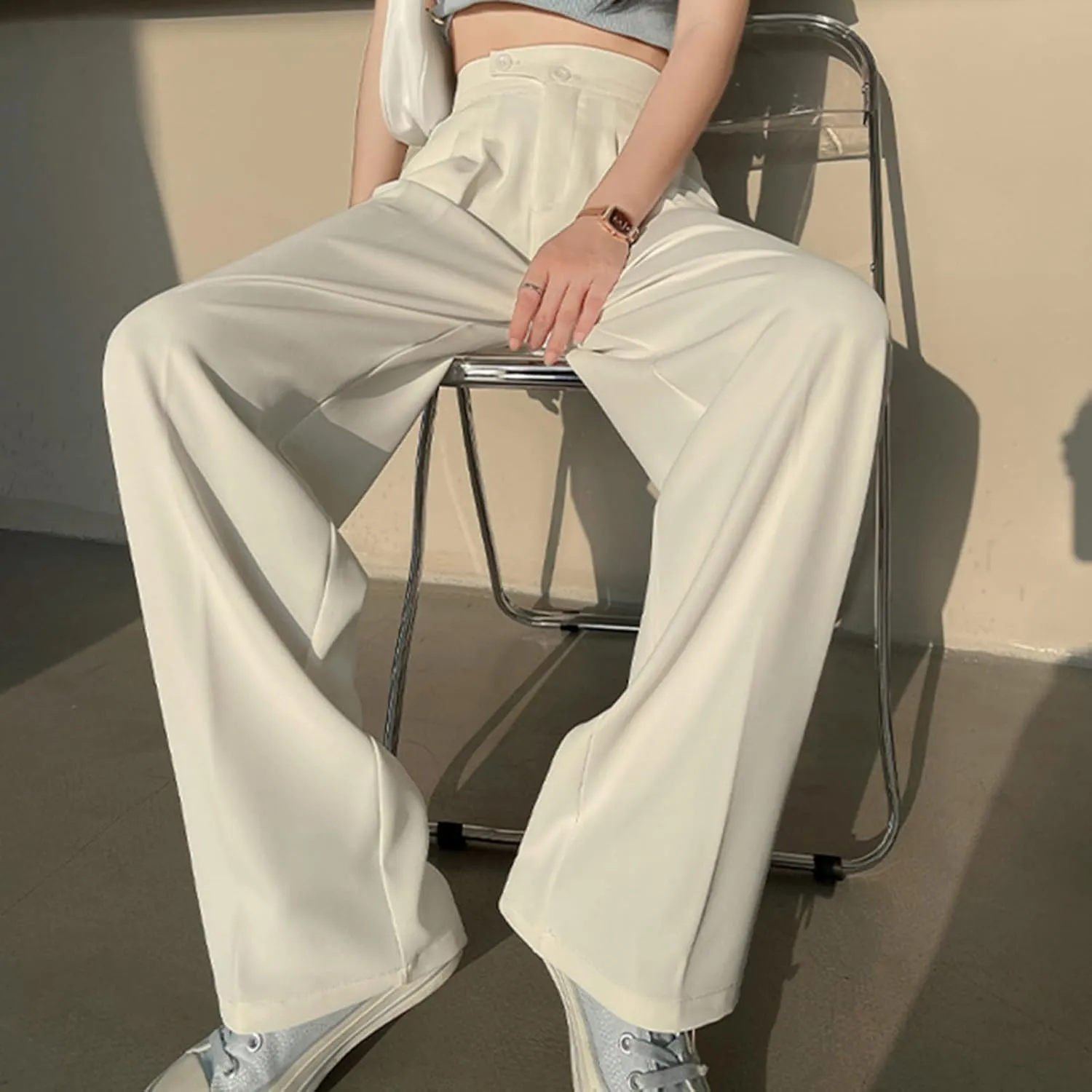 Dress Pants Women Wide Leg High Waisted Button Pleated Business Pants Casual Loose Slacks Trousers with Pockets