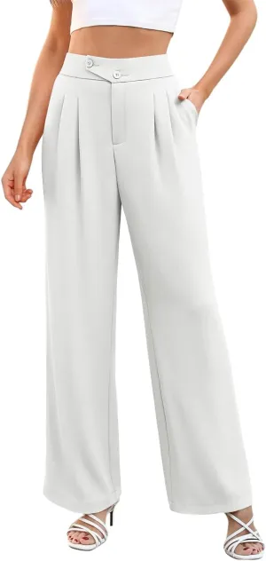 Dress Pants Women Wide Leg High Waisted Button Pleated Business Pants Casual Loose Slacks Trousers with Pockets
