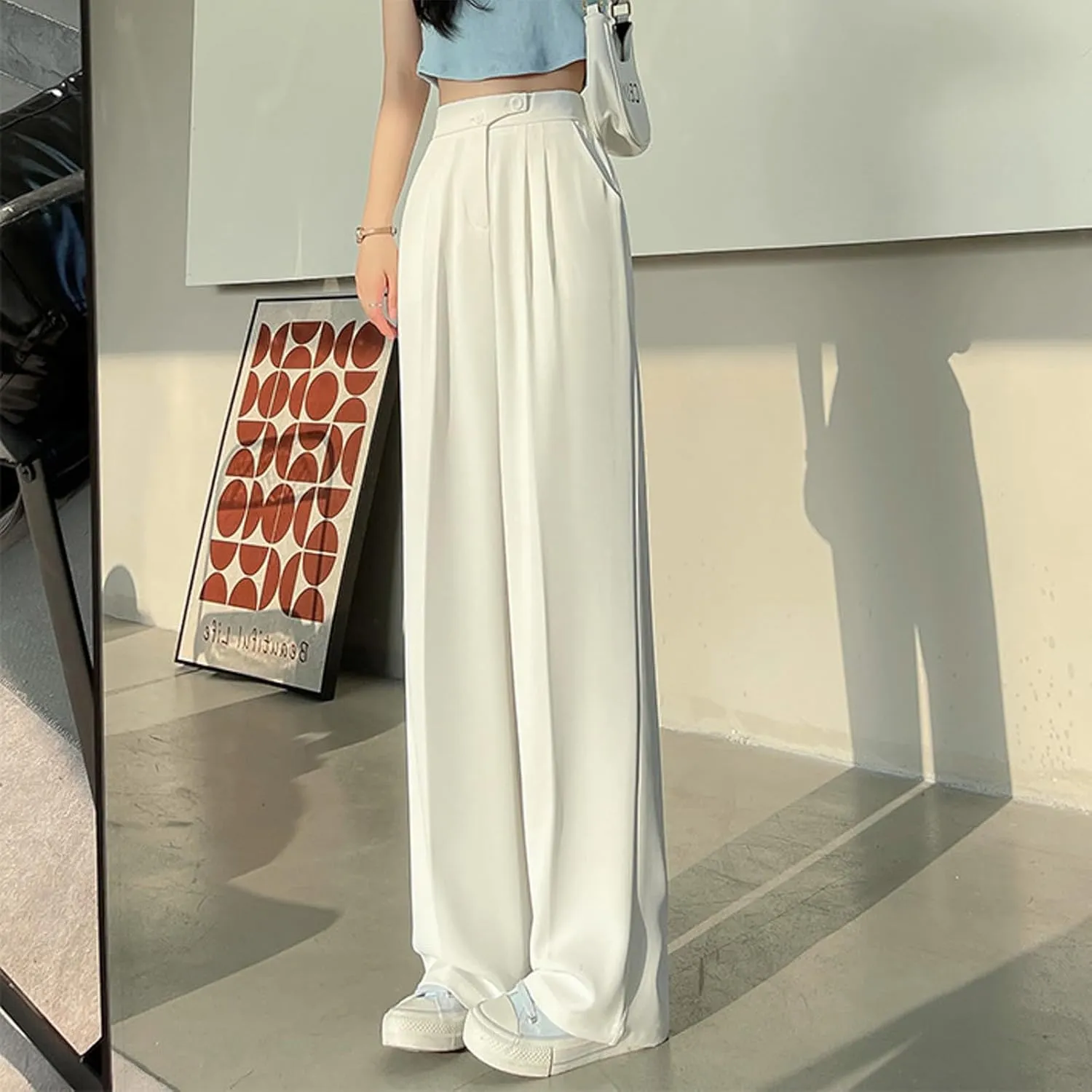 Dress Pants Women Wide Leg High Waisted Button Pleated Business Pants Casual Loose Slacks Trousers with Pockets