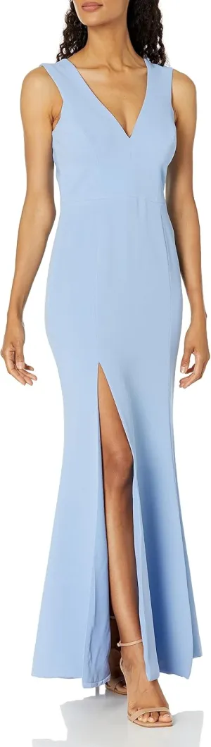 Dress the Population Women's Sandra Plunging Thick Strap Solid Gown with Slit Dress