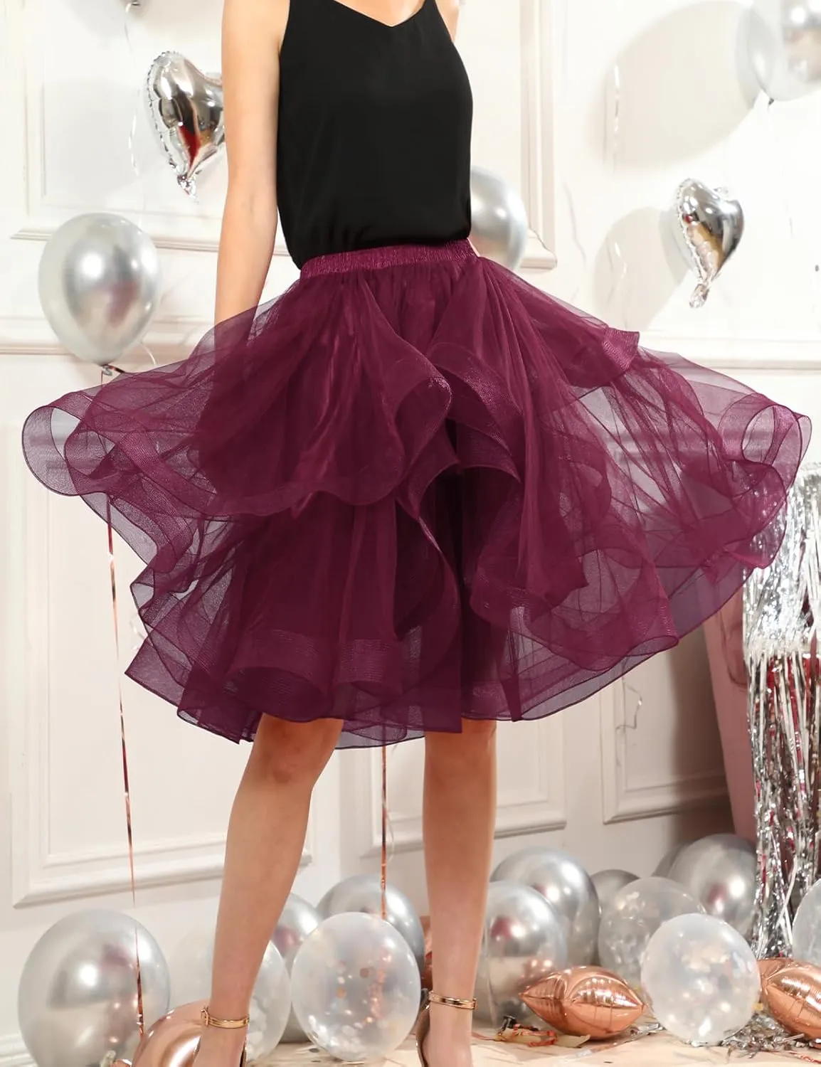 DRESSTELLS Tulle Skirts for Women, A Line Elastic Waist Tiered Layered Puffy Midi Long Party Tutu Skirt