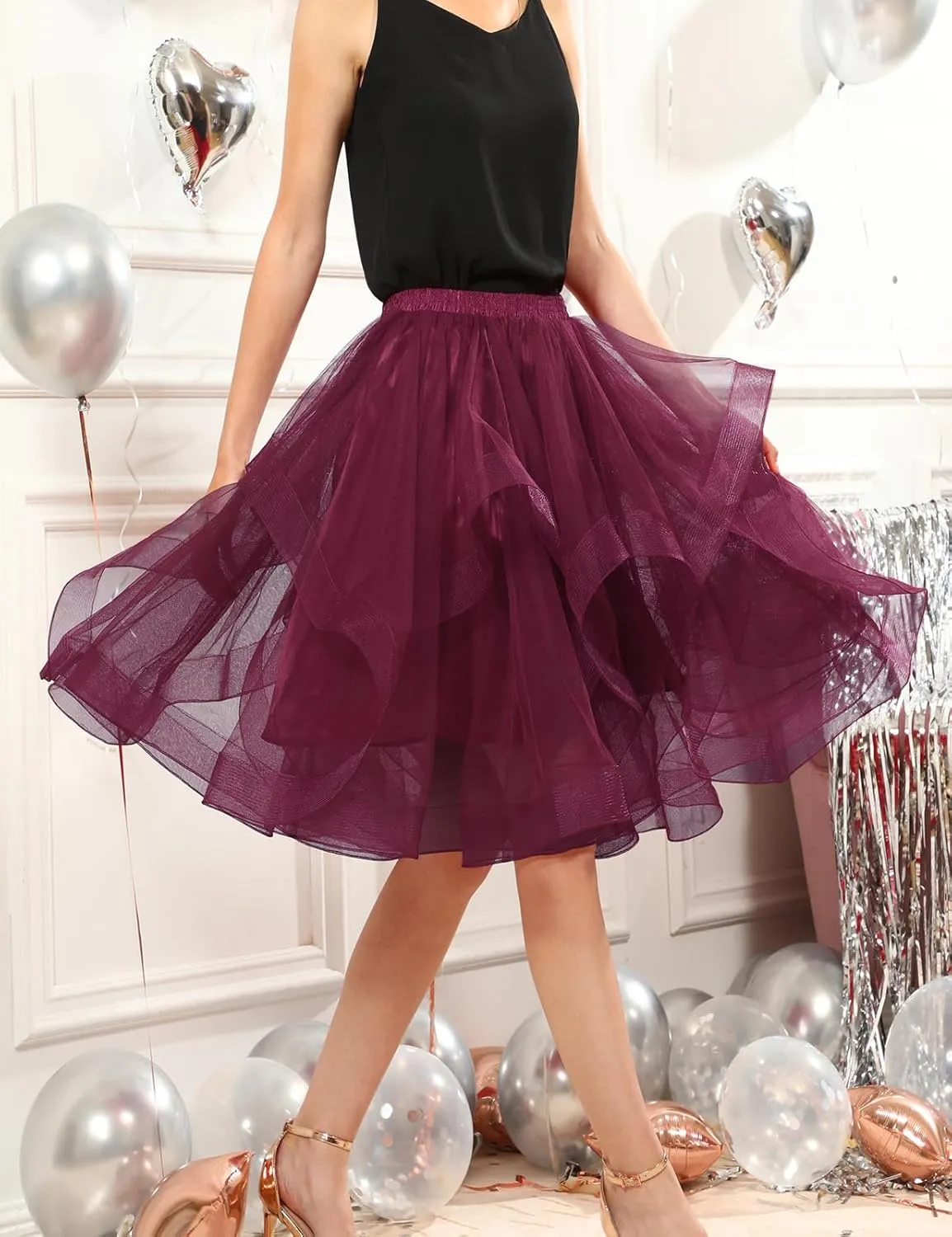 DRESSTELLS Tulle Skirts for Women, A Line Elastic Waist Tiered Layered Puffy Midi Long Party Tutu Skirt