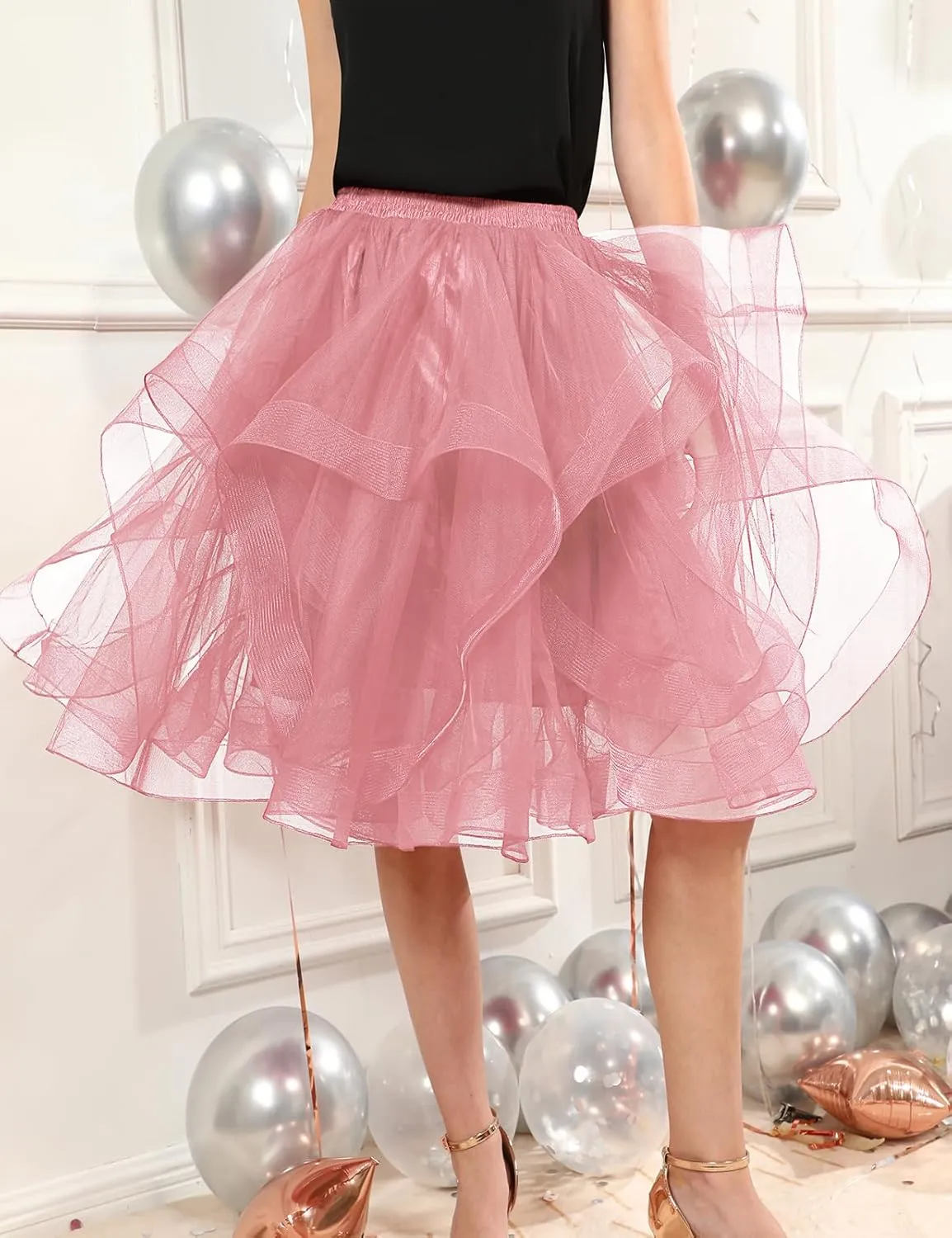 DRESSTELLS Tulle Skirts for Women, A Line Elastic Waist Tiered Layered Puffy Midi Long Party Tutu Skirt