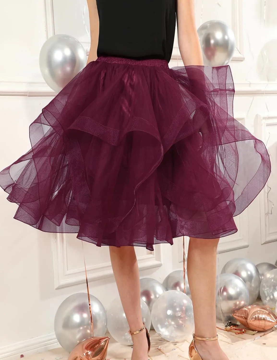 DRESSTELLS Tulle Skirts for Women, A Line Elastic Waist Tiered Layered Puffy Midi Long Party Tutu Skirt