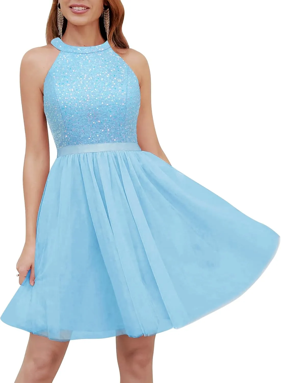 Dressystar Women's Short Halter Cocktail Party Dress Lace Tulle Prom Gown