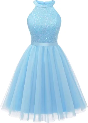 Dressystar Women's Short Halter Cocktail Party Dress Lace Tulle Prom Gown
