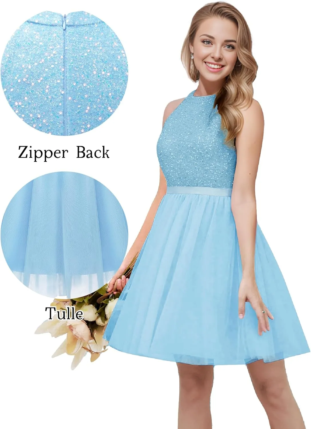 Dressystar Women's Short Halter Cocktail Party Dress Lace Tulle Prom Gown