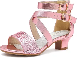Dufannie Toddler Little Big Kid High Heels Flower Girls Party Dress Shoes Glitter Pump Sandals