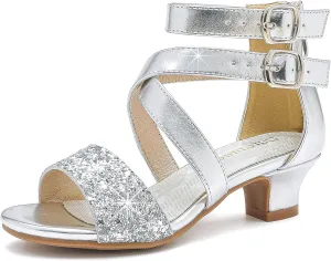 Dufannie Toddler Little Big Kid High Heels Flower Girls Party Dress Shoes Glitter Pump Sandals