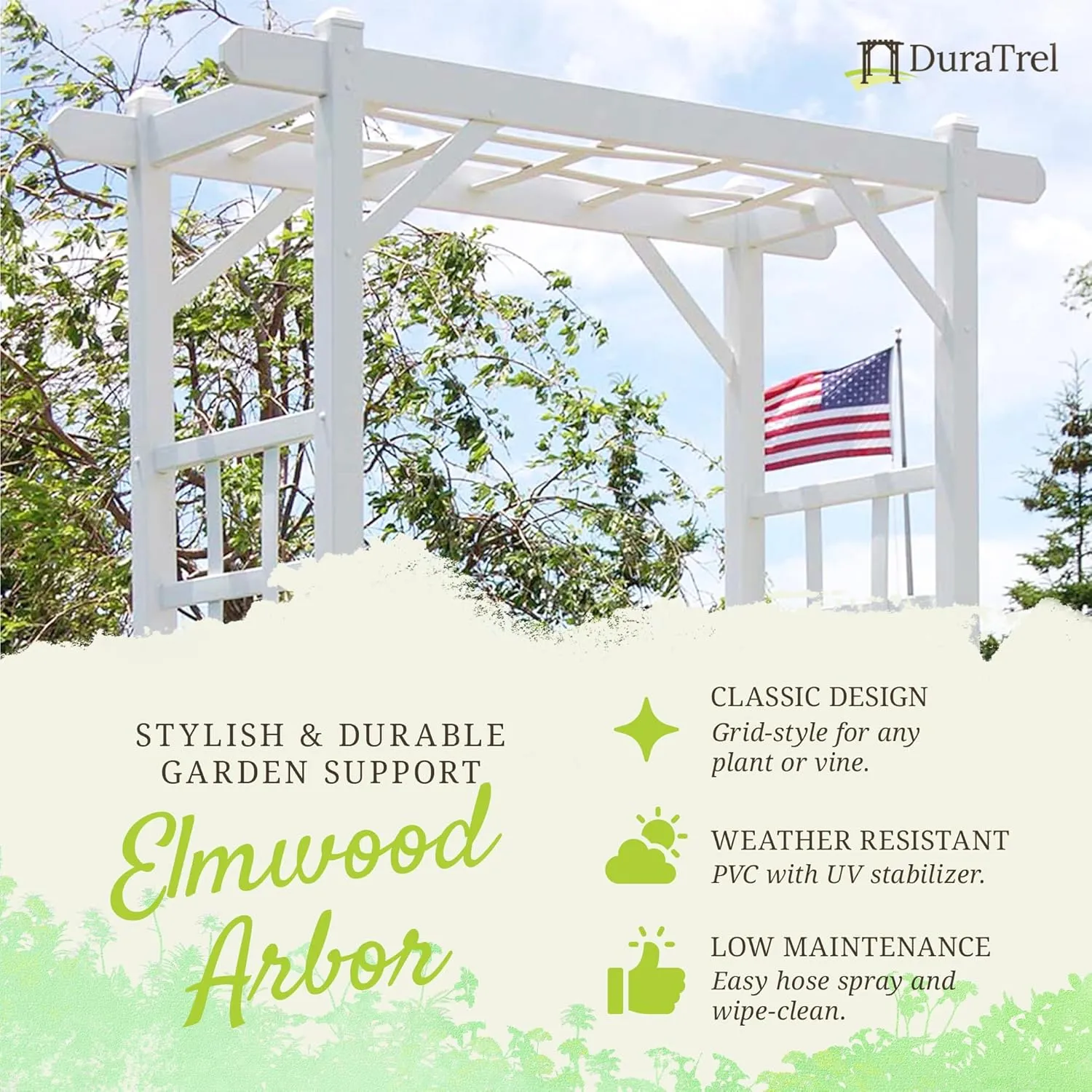Dura-Trel PVC Garden Arbor, Arch Support for Climbing Plants, Elmwood, White, 57" x 85"