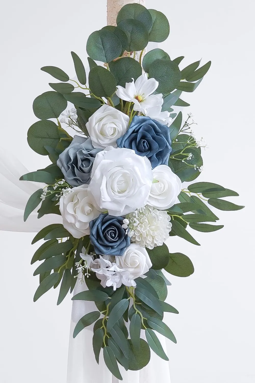 Dusty Blue Artificial Wedding Arch Flowers Kit (Pack of 3) with 26Ft White Shiny Arch Draping Fabric for DIY Wedding Party Ceremony Reception Backdrop Floral Decoration
