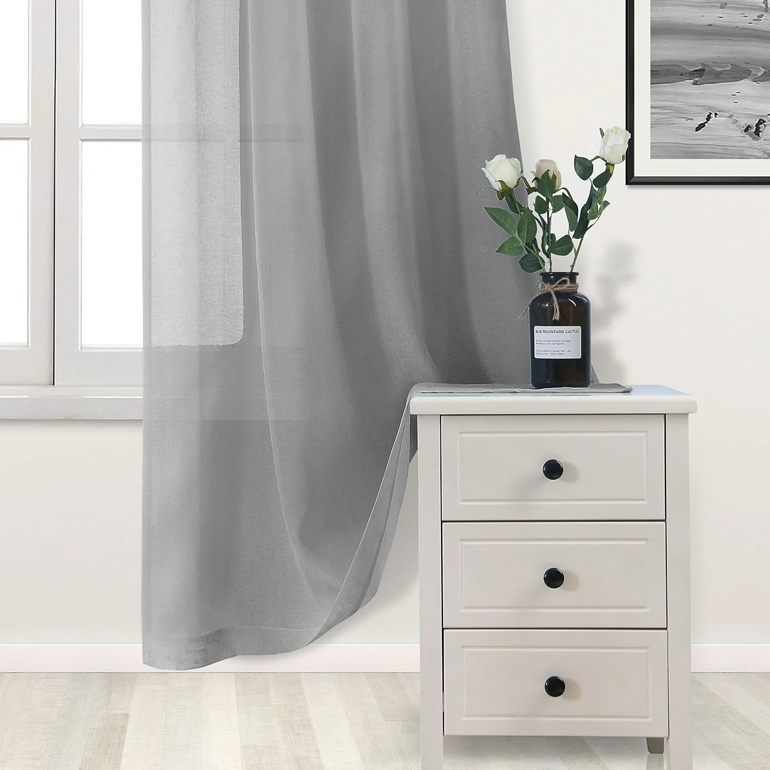 DWCN Sheer Curtains for Living Room Grey Faux Linen Look Voile Drapes Grommet Window Curtain 52 x 84 Inch Long, Set of 2 Panels