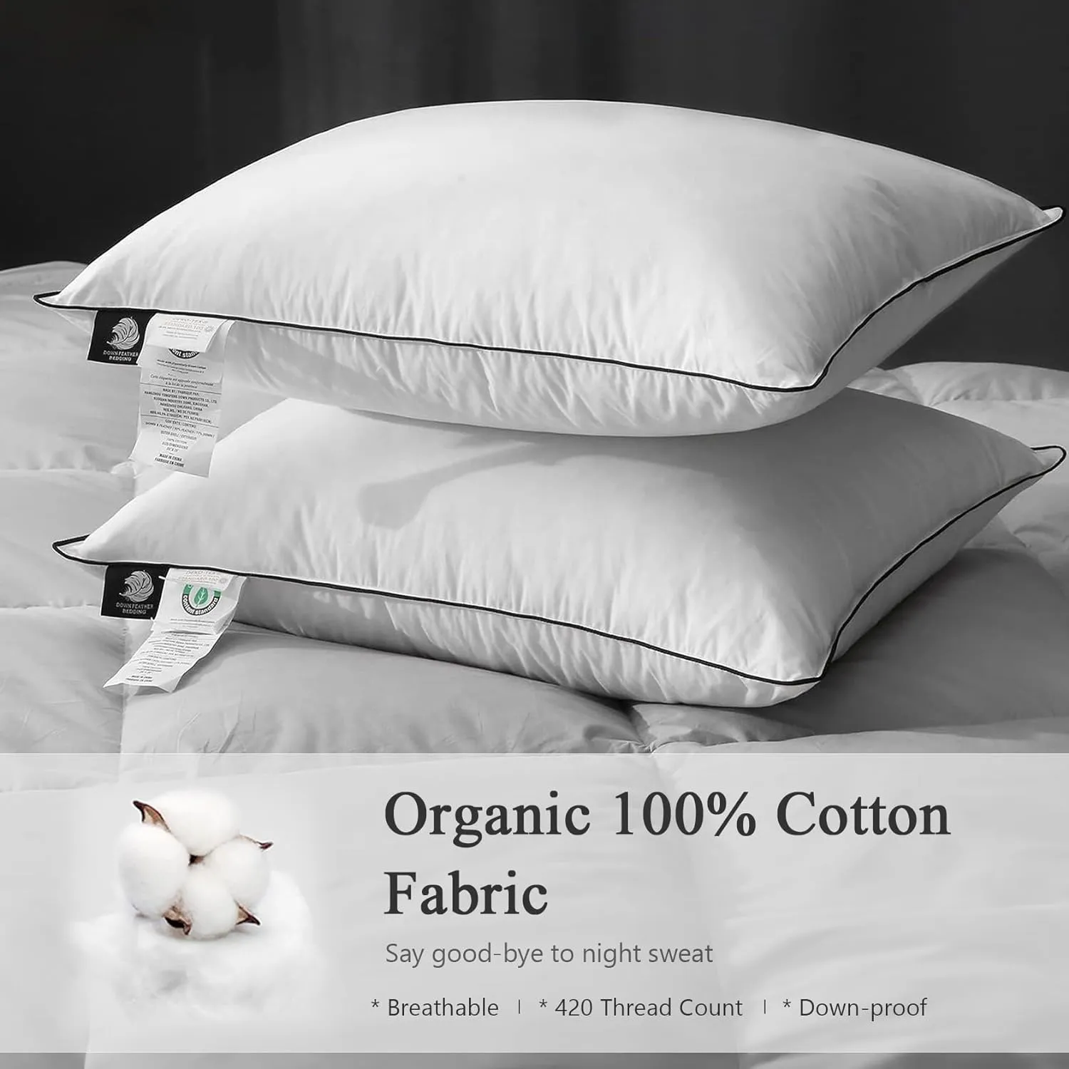 DWR Goose Feather Down Core Pillow Surrounded by Polyester 2 Pack, 100% Organic Cotton Covered, Medium Support, Standard Size Bed Pillow Inserts(20x26, Set of 2)