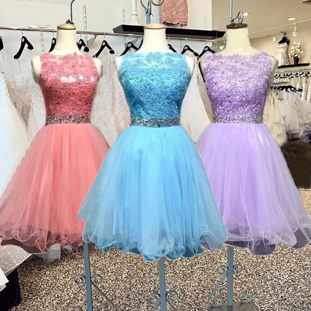Dydsz Women's Appliques Beaded Homecoming Dresses for Teens Short Prom Dress Tulle Party Cocktail Gown