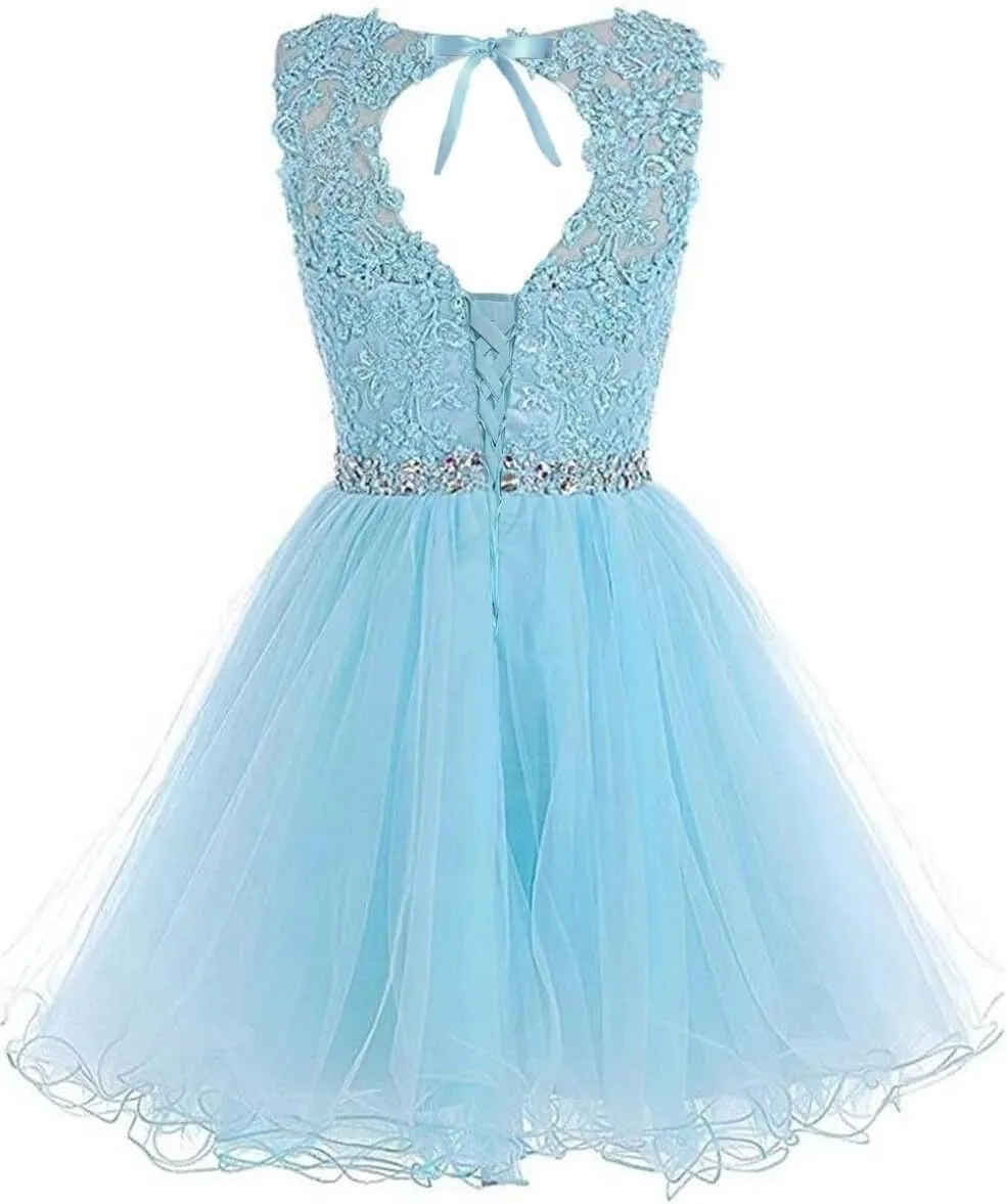 Dydsz Women's Appliques Beaded Homecoming Dresses for Teens Short Prom Dress Tulle Party Cocktail Gown