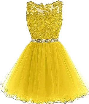 Dydsz Women's Appliques Beaded Homecoming Dresses for Teens Short Prom Dress Tulle Party Cocktail Gown