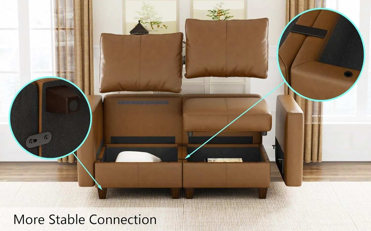 EASE MOOSE Faux Leather Sectional Sofa Bed with Storage, Brown Faux Leather Moduar Sectional Couch Sleeper Sofa