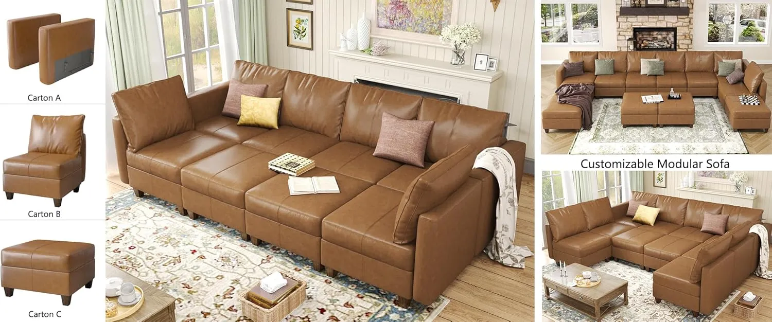 EASE MOOSE Faux Leather Sectional Sofa Bed with Storage, Brown Faux Leather Moduar Sectional Couch Sleeper Sofa