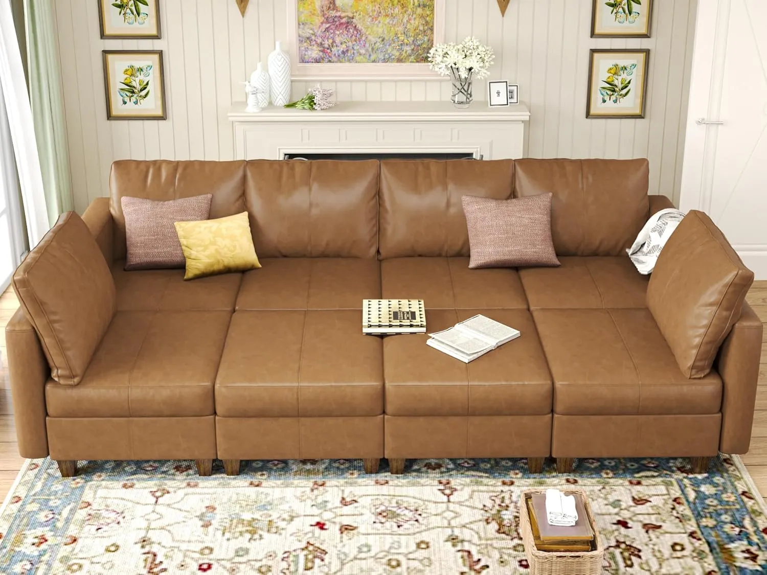 EASE MOOSE Faux Leather Sectional Sofa Bed with Storage, Brown Faux Leather Moduar Sectional Couch Sleeper Sofa