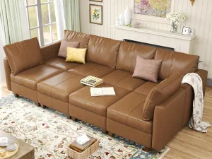EASE MOOSE Faux Leather Sectional Sofa Bed with Storage, Brown Faux Leather Moduar Sectional Couch Sleeper Sofa