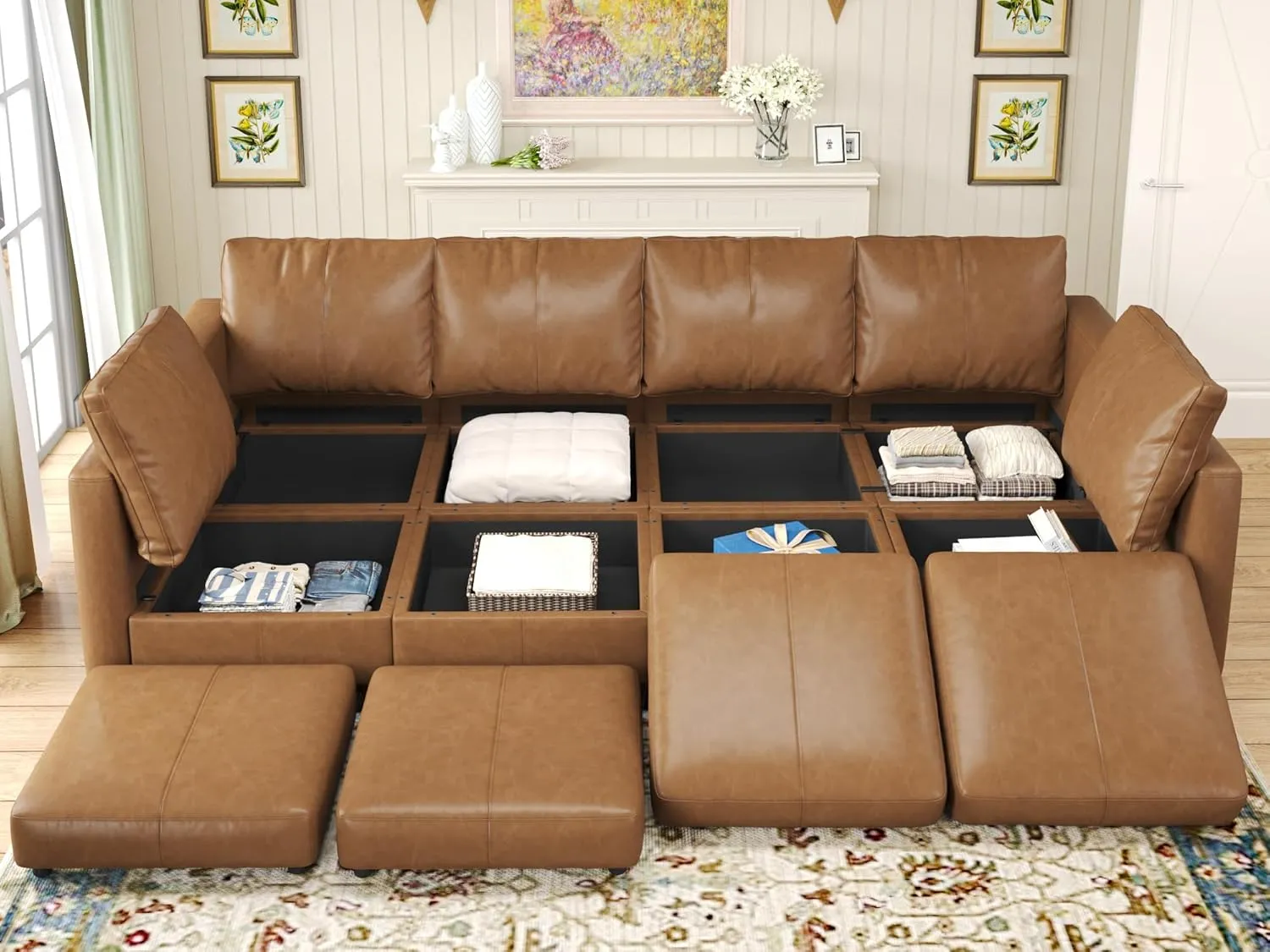 EASE MOOSE Faux Leather Sectional Sofa Bed with Storage, Brown Faux Leather Moduar Sectional Couch Sleeper Sofa