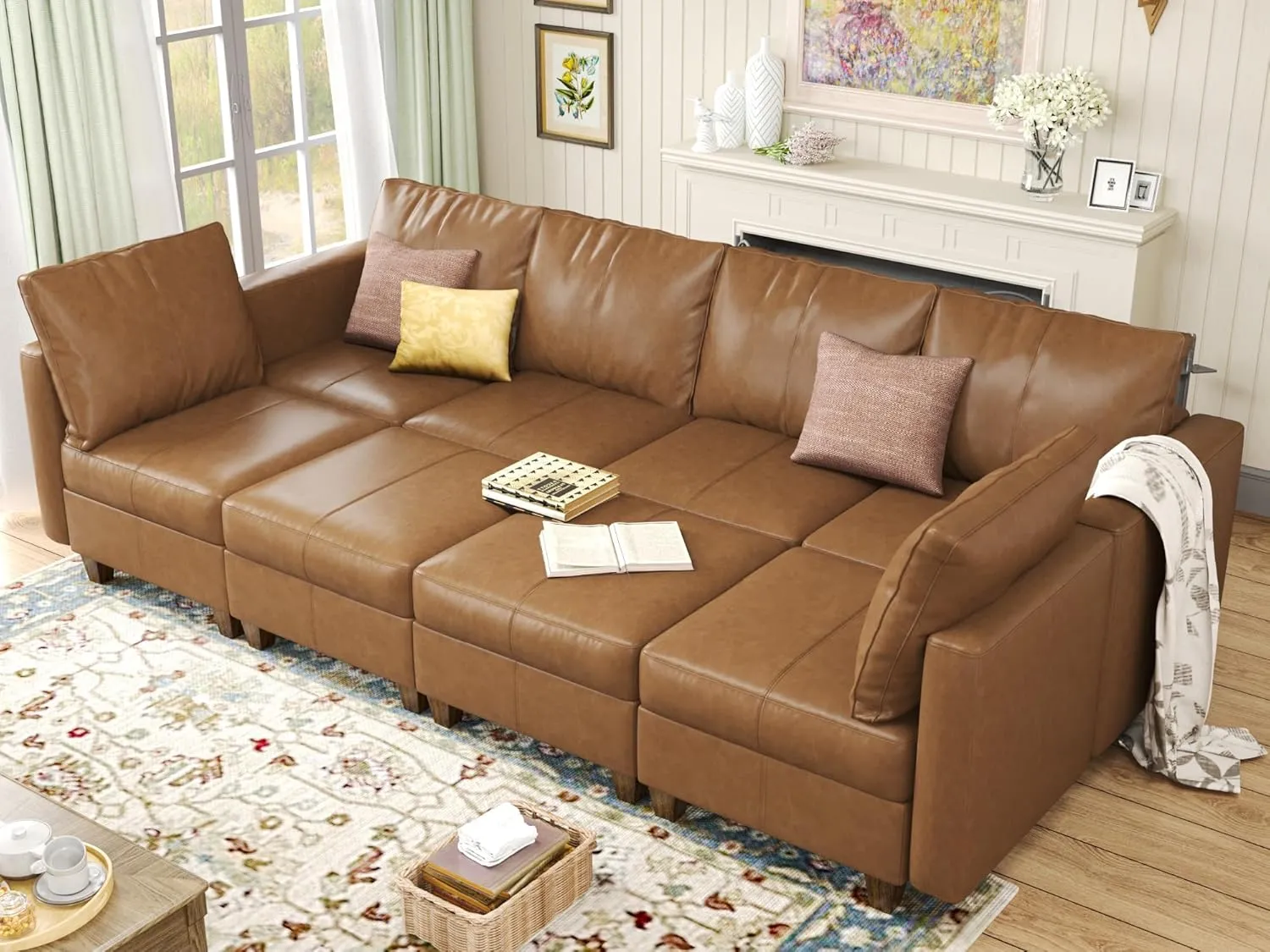 EASE MOOSE Faux Leather Sectional Sofa Bed with Storage, Brown Faux Leather Moduar Sectional Couch Sleeper Sofa