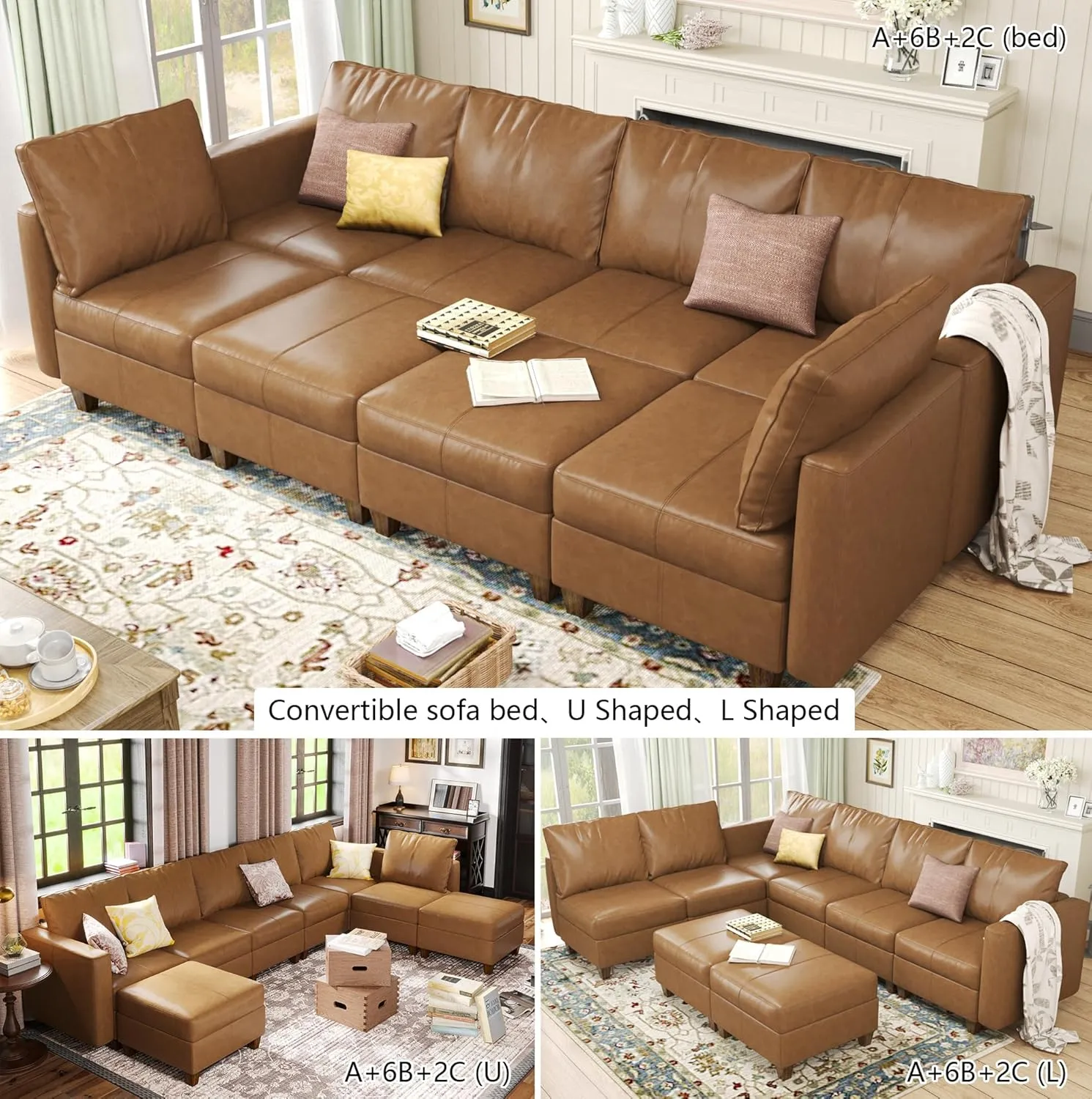 EASE MOOSE Faux Leather Sectional Sofa Bed with Storage, Brown Faux Leather Moduar Sectional Couch Sleeper Sofa