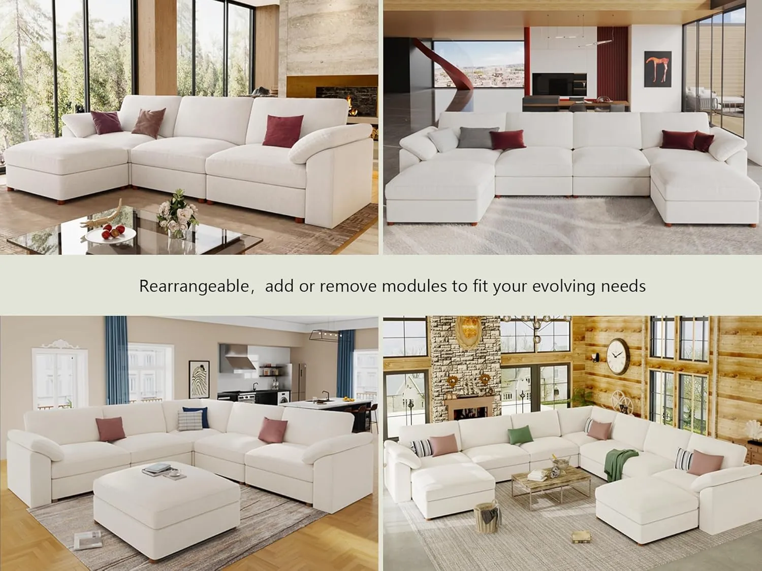 EASE MOOSE Oversized Modular Sectional Sofa with Ottoman,Modern Luxury Wide Deep Modular Couch, U Shaped Couch for Big Spaces Living Room, White