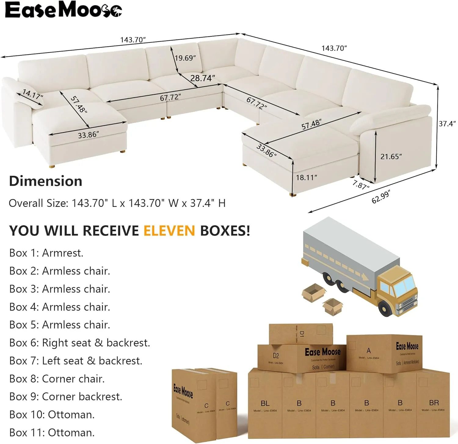 EASE MOOSE Oversized Modular Sectional Sofa with Ottoman,Modern Luxury Wide Deep Modular Couch, U Shaped Couch for Big Spaces Living Room, White