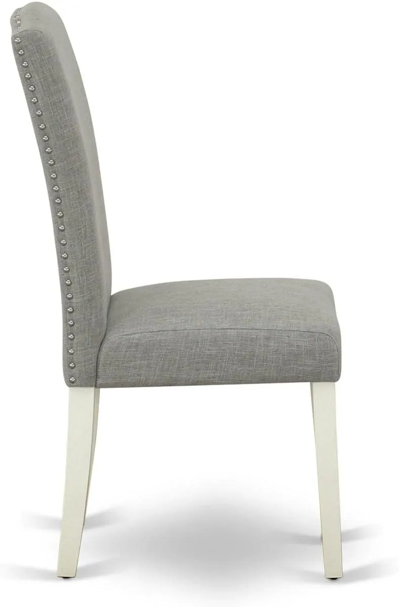 East West Furniture ENP2T06 Encinal Parson Dining Chairs - Nailhead Trim Dark Shitake Linen Fabric Padded Chairs, Set of 2, Linen White