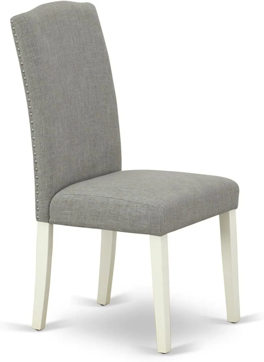 East West Furniture ENP2T06 Encinal Parson Dining Chairs - Nailhead Trim Dark Shitake Linen Fabric Padded Chairs, Set of 2, Linen White