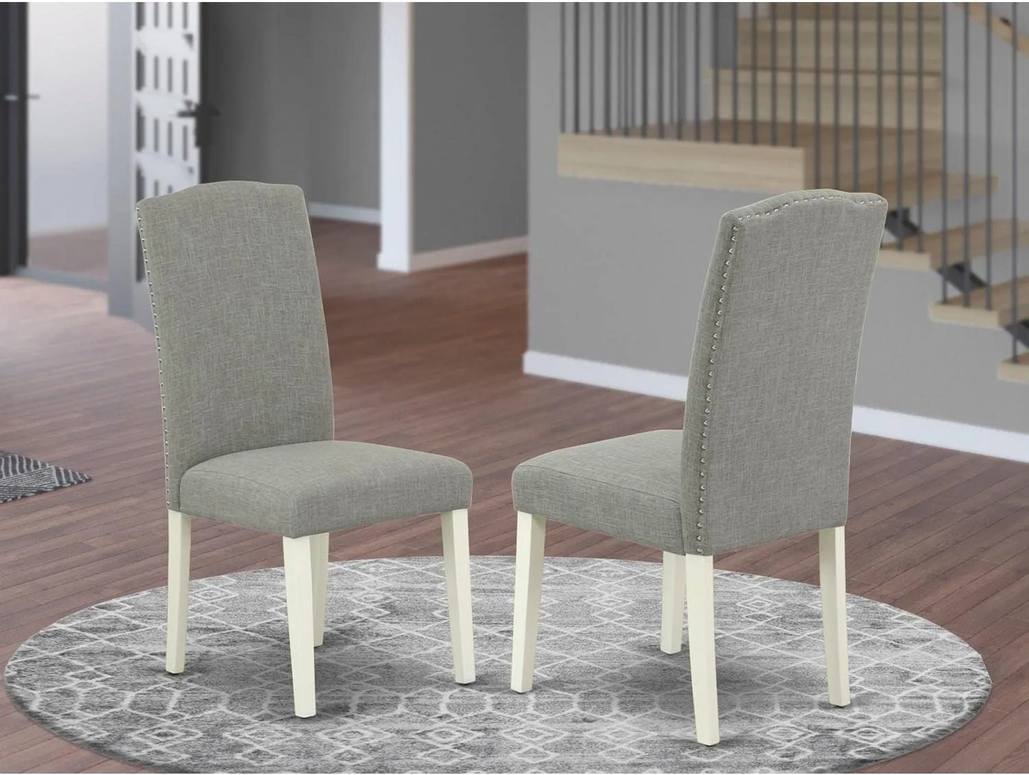 East West Furniture ENP2T06 Encinal Parson Dining Chairs - Nailhead Trim Dark Shitake Linen Fabric Padded Chairs, Set of 2, Linen White