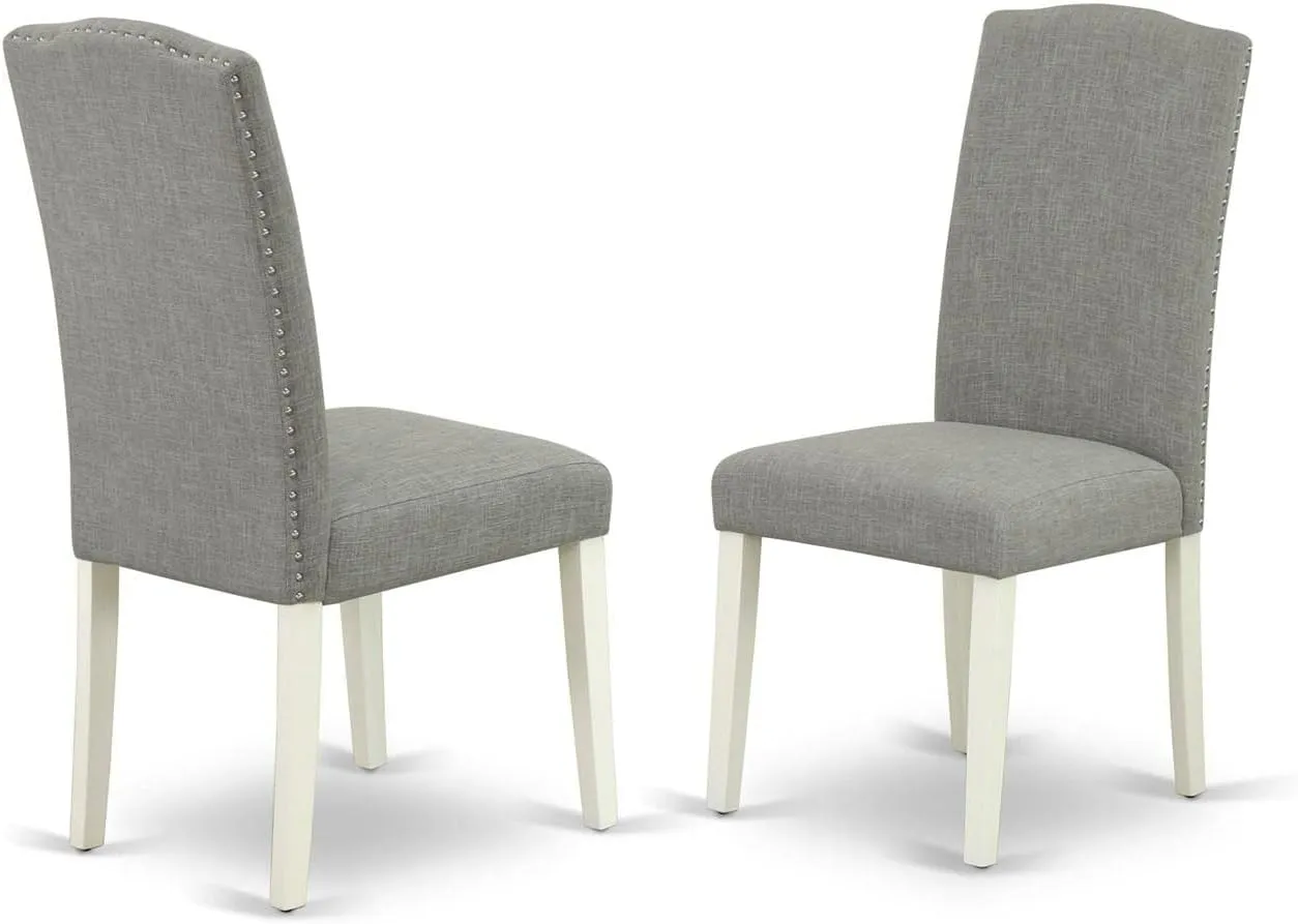 East West Furniture ENP2T06 Encinal Parson Dining Chairs - Nailhead Trim Dark Shitake Linen Fabric Padded Chairs, Set of 2, Linen White