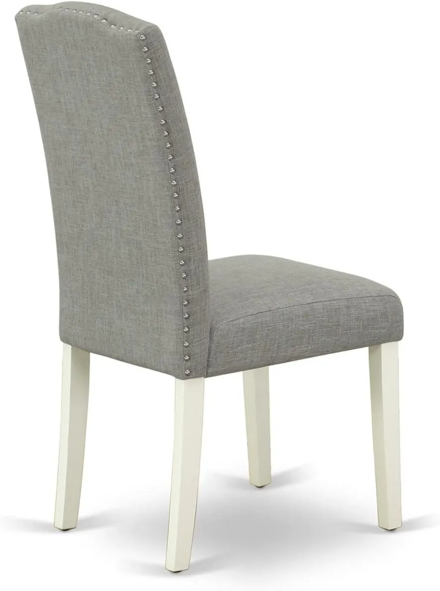 East West Furniture ENP2T06 Encinal Parson Dining Chairs - Nailhead Trim Dark Shitake Linen Fabric Padded Chairs, Set of 2, Linen White