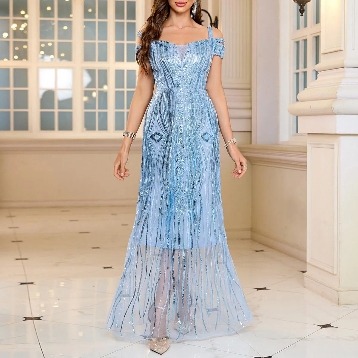 Elegant Cold Shoulder Evening Gown, Blue Sequin Embellished, Floor Length Formal Dress