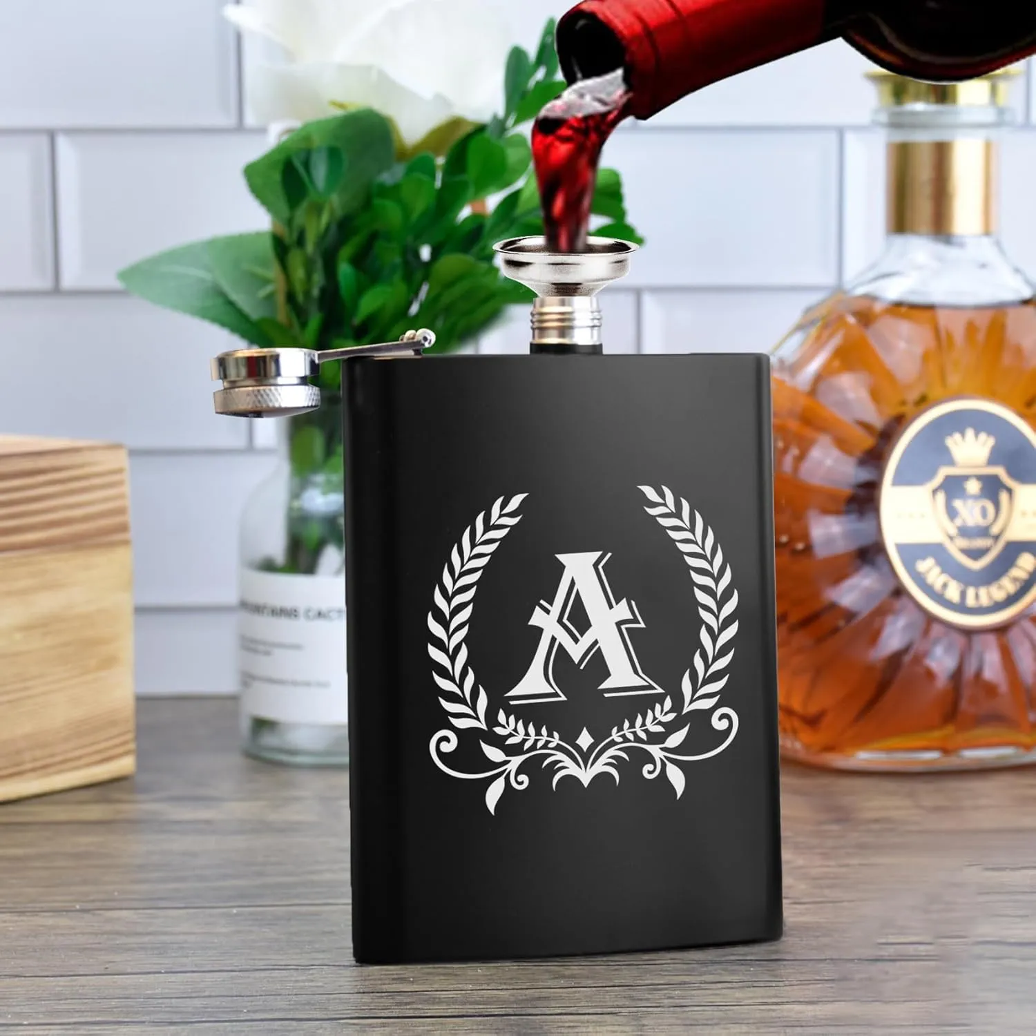 ELEGANTPARK Hip Flasks for Liquor for Men with Initials Monogrammed Gifts for Men Birthday Personalized Gifts for Him Groomsmen Dad Engraved Hip Flask with Funnel 8 OZ Letter A