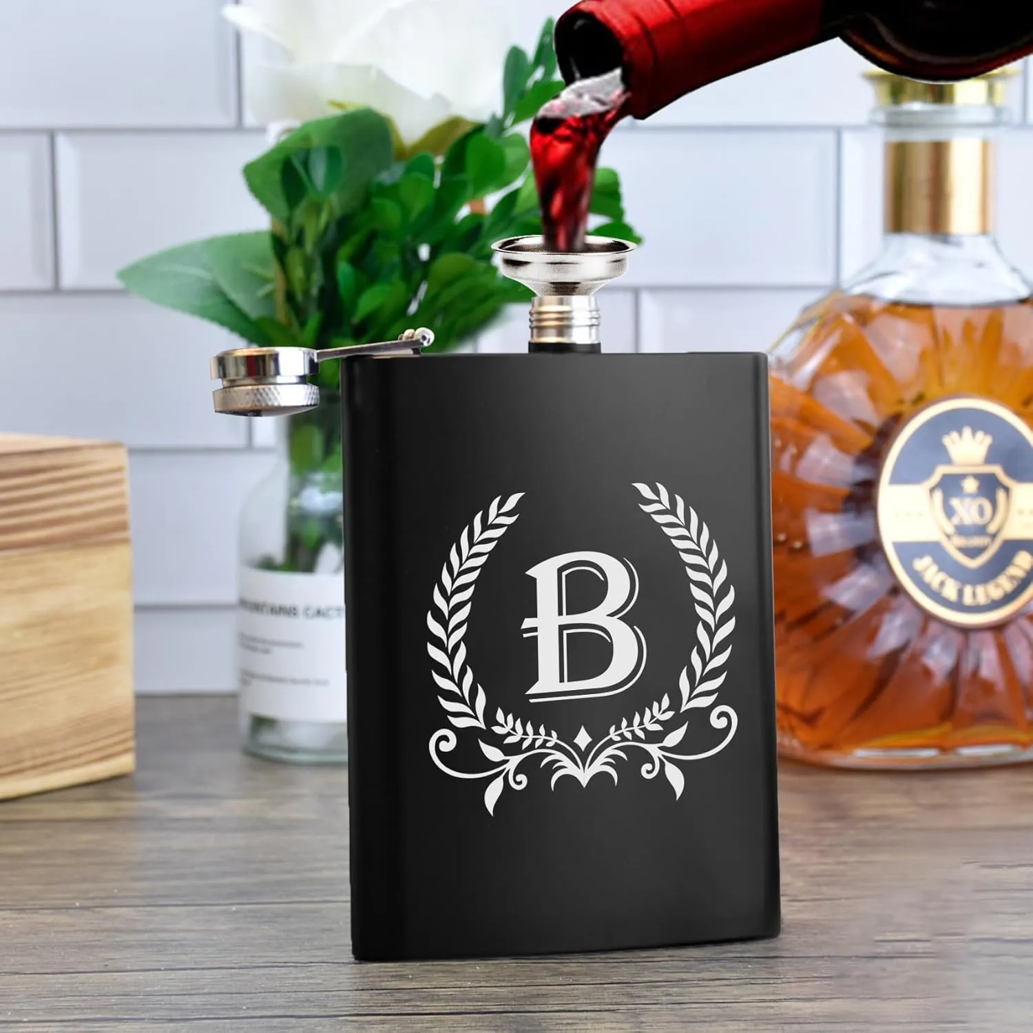 ELEGANTPARK Hip Flasks for Liquor for Men with Initials Monogrammed Gifts for Men Birthday Personalized Gifts for Him Groomsmen Dad Engraved Hip Flask with Funnel 8 OZ Letter B
