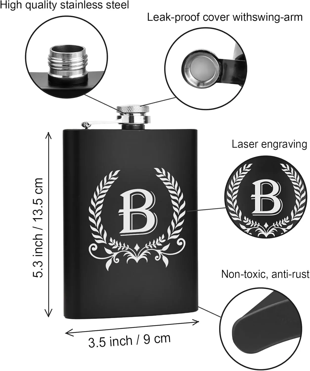 ELEGANTPARK Hip Flasks for Liquor for Men with Initials Monogrammed Gifts for Men Birthday Personalized Gifts for Him Groomsmen Dad Engraved Hip Flask with Funnel 8 OZ Letter B