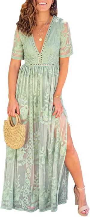 Eleter Women's Deep V-Neck Lace Romper Short Sleeve Long Dress