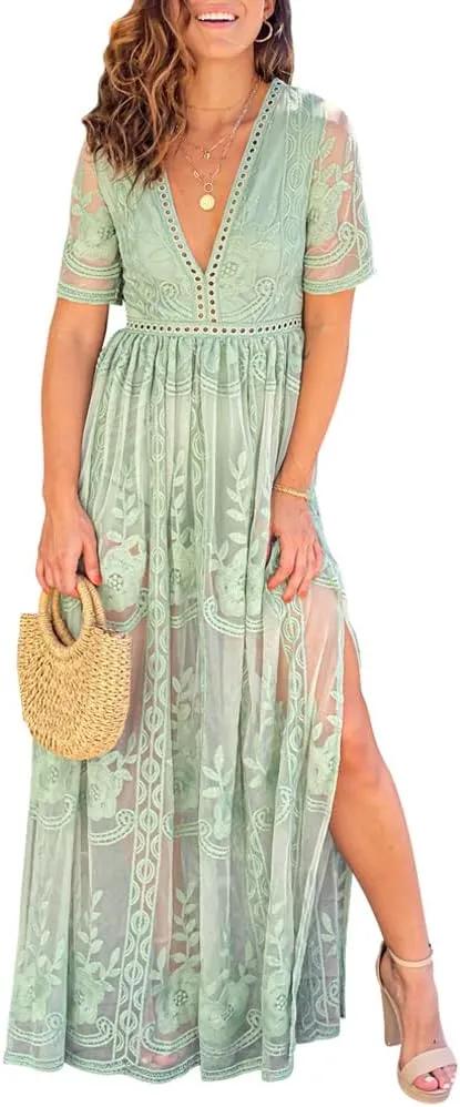 Eleter Women's Deep V-Neck Lace Romper Short Sleeve Long Dress