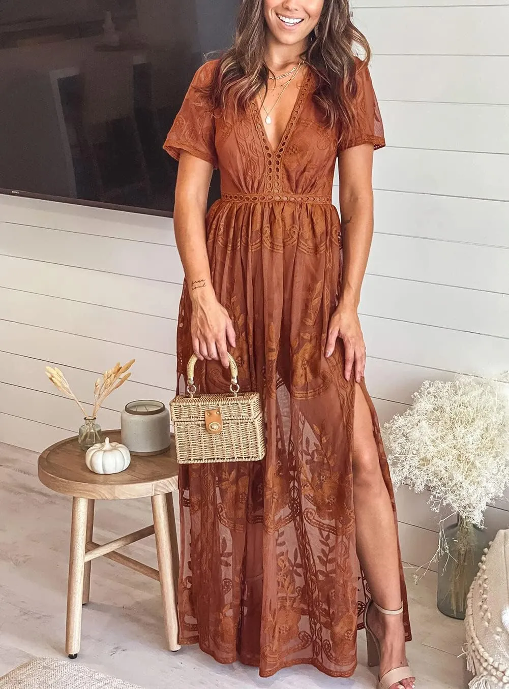 Eleter Women's Deep V-Neck Lace Romper Short Sleeve Long Dress